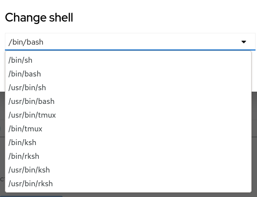Screenshot showing the option to change the shell on an existing user account