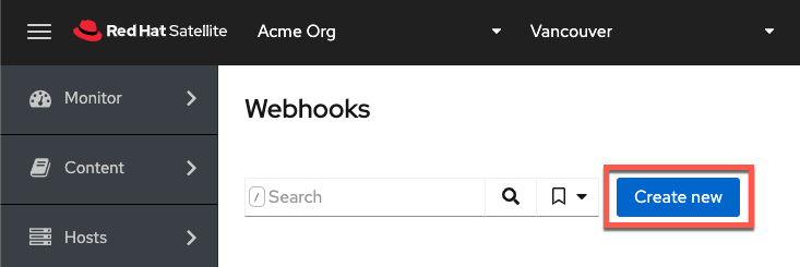 Screenshot of the Webhooks page with the "Create new" button highlighted