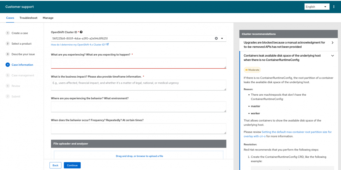 Screenshot of the Red Hat customer support request form