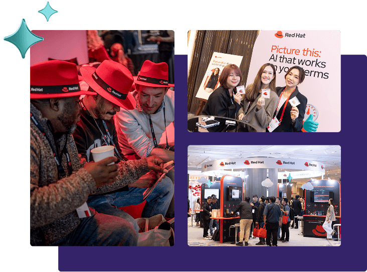 A collage of diverse people collaborating and networking at a lively Red Hat conference