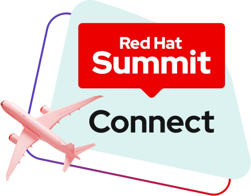 Logotipo de Red&nbsp;Hat Summit: Connect y gráfico de un avión sobre unas formas oblongas