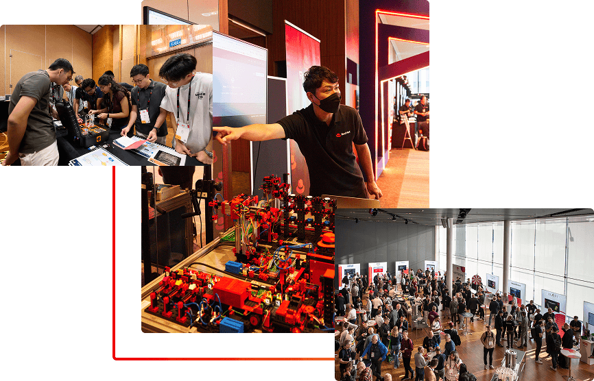 Photo collage of a Red Hat event with attendees collaborating, networking, and viewing exhibits