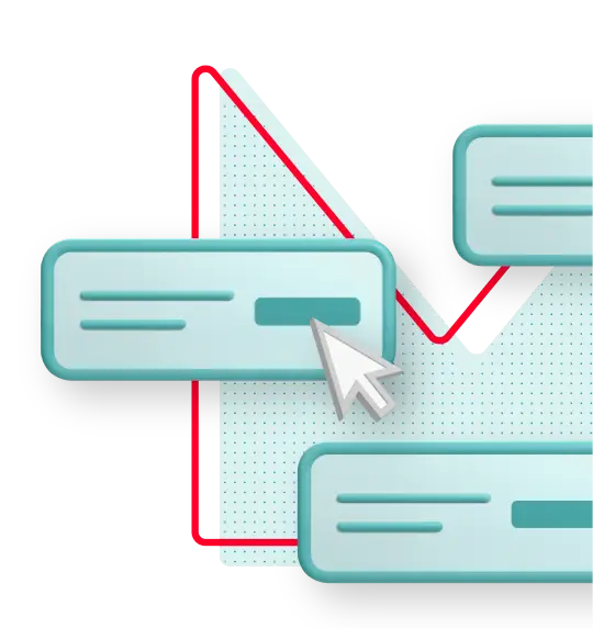 蓝色分层界面卡，背景为红色轮廓，光标图标表示内容选择