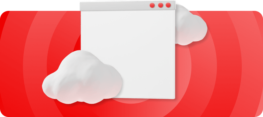 Graphic of an application window with clouds against red concentric circles