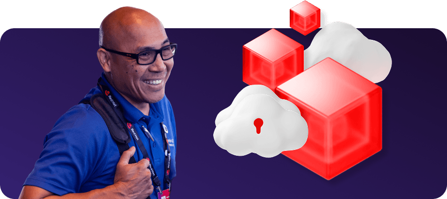 A smiling man stands next to a graphic of cubes and clouds with a keyhole icon