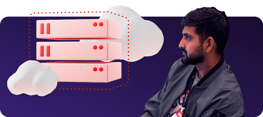 A man looks at a graphic of servers connecting to clouds