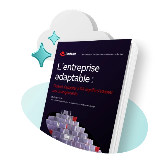 Image du livre numérique L'entreprise adaptable de Red Hat sortant d'un cercle en 3D avec des étincelles d'IA en arrière-plan