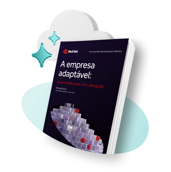 Imagem do ebook A empresa adaptável da Red Hat emergindo de uma círculo 3D com brilhos em primeiro plano