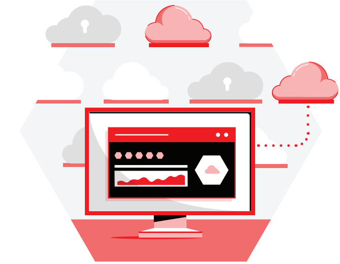 Illustration of a Hybrid Cloud with a monitor connected to red and secure gray cloud services