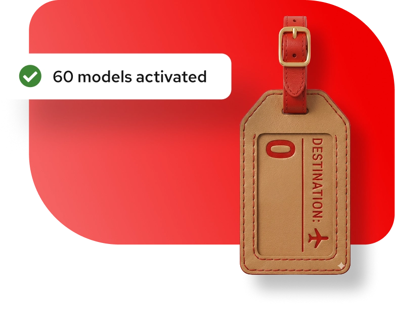 A brown leather luggage tag and a pop-up notification reading 
