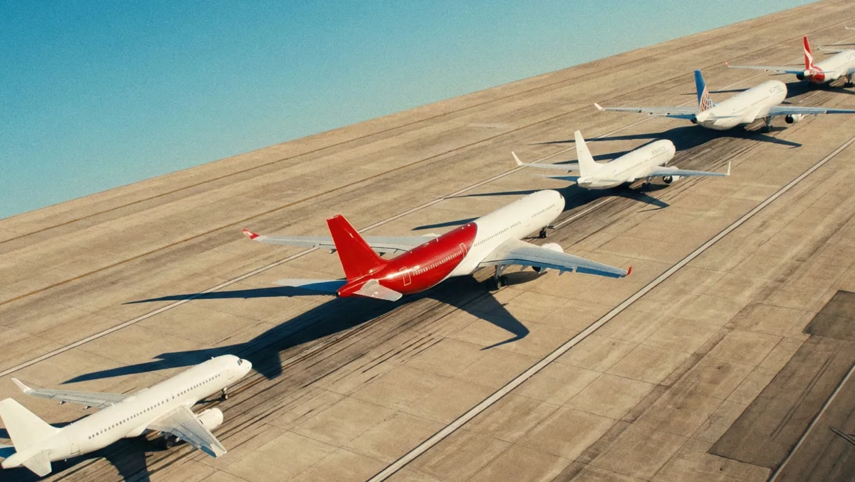 A line of airplanes on a runway, one with a prominent red tail
