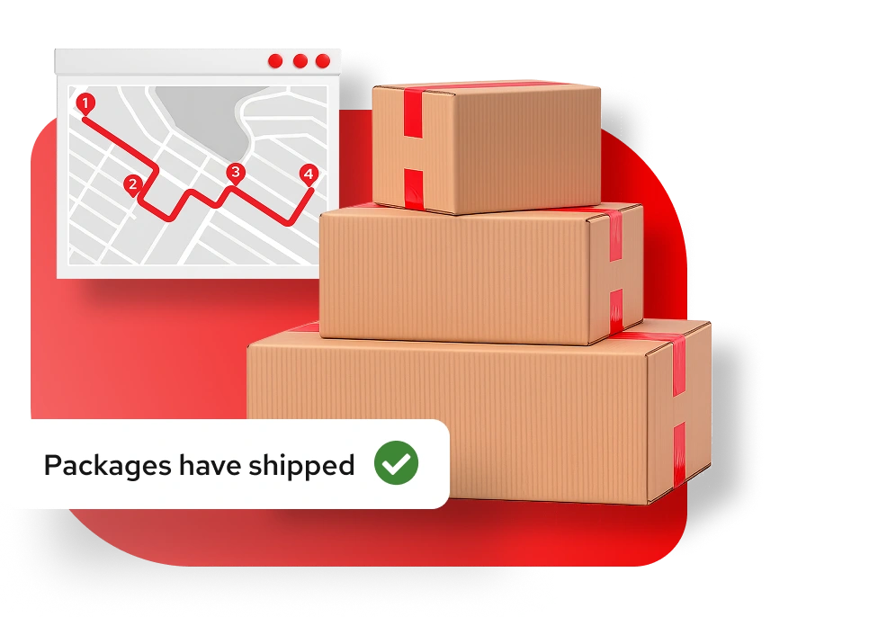 A stack of cardboard boxes with a shipping confirmation and a package tracking map in the background