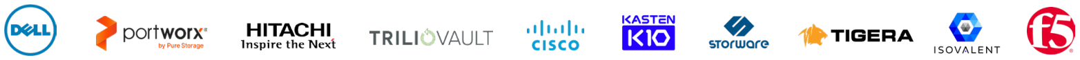 Red Hat partner logos: Dell, Portworx, Hitachi, Triliovault, Cisco, Kasten, Storware, Tigera, Isovalent, F5