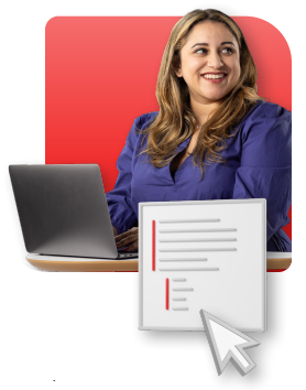A smiling woman at a laptop with a graphic of a cursor selecting an item from a list