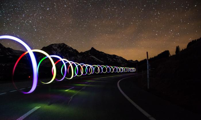 Colored lights traveling down highway