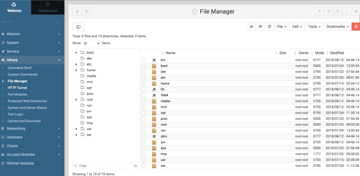 The Webmin Others page's Graphical File Manager tool.