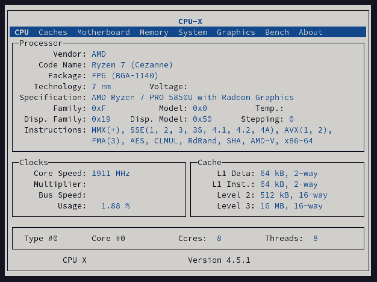 Versione grafica CPU-X delle informazioni visualizzate da ncurses