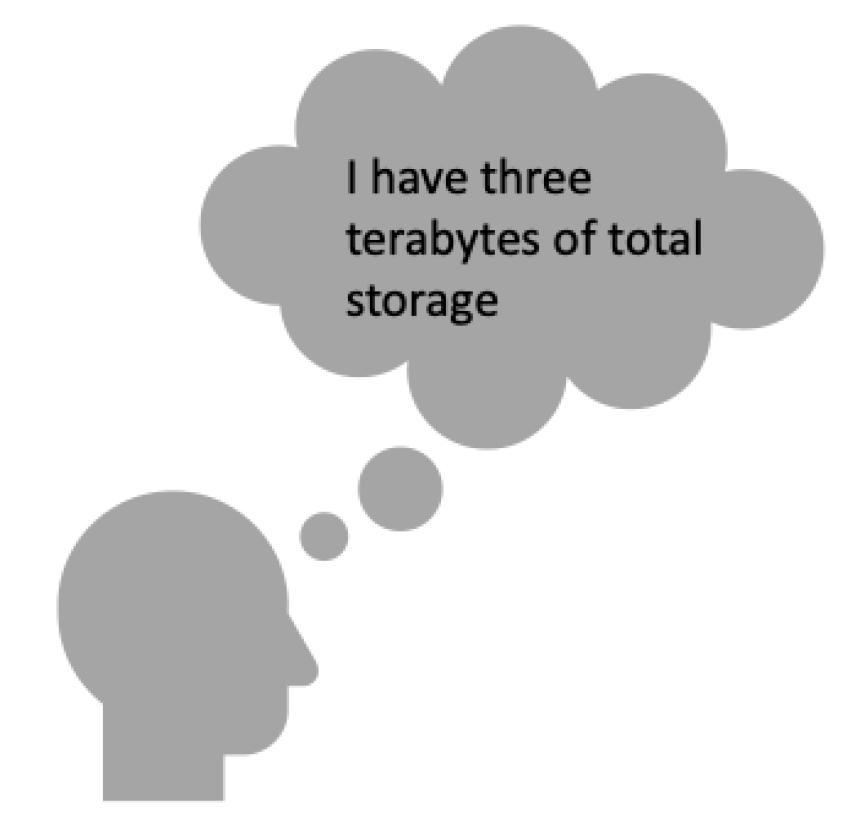 Administrator with thinking bubble that reads: "I have three terabyte of total storage"