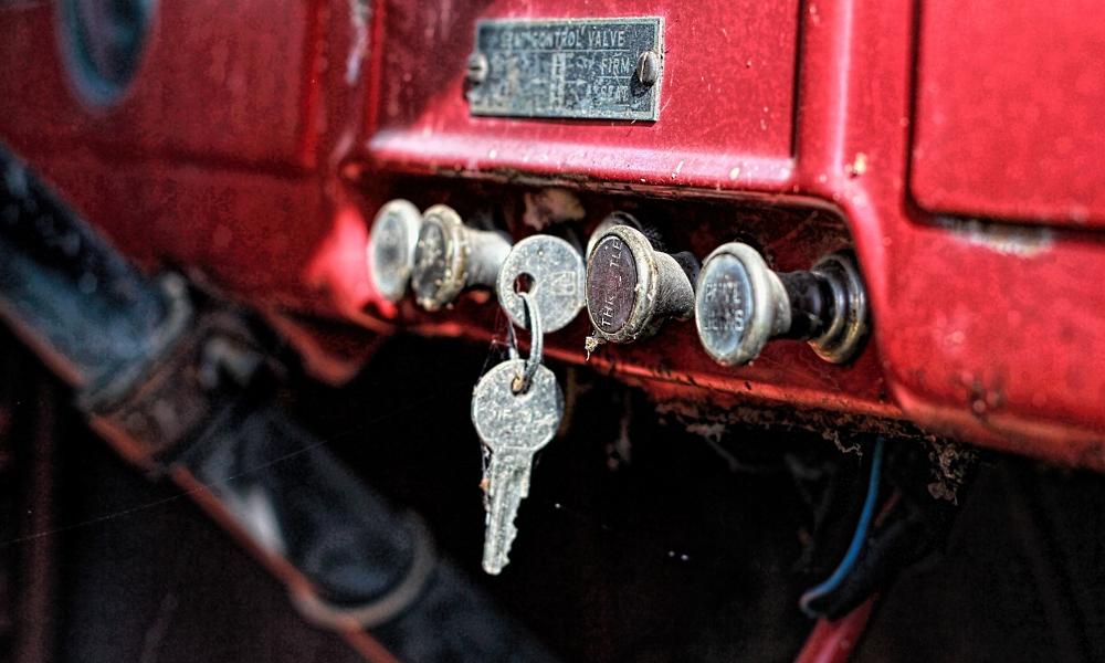 Keys in old, red truck ignition